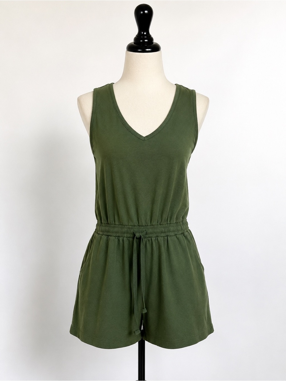 Olive Green V-Neck Drawstring Romper Size Small